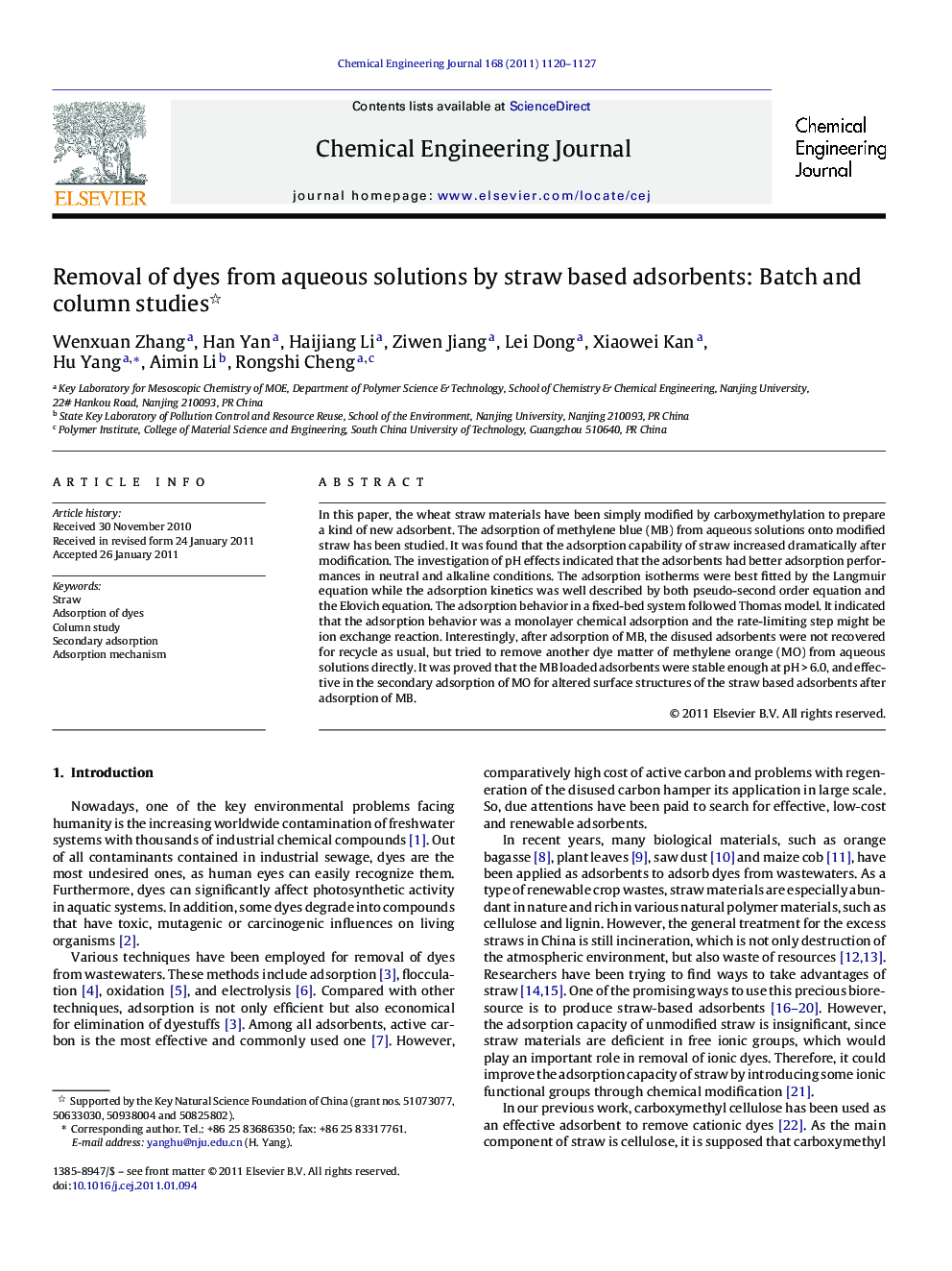 عکس صفحه اول مقاله: Removal of dyes from aqueous solutions by straw based adsorbents: Batch and column studies Removal of dyes from aqueous solutions by straw based adsorbents: Batch and column studies