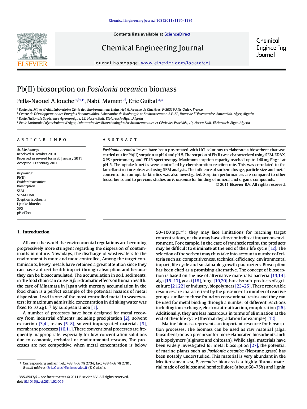 Pb(II) biosorption on Posidonia oceanica biomass