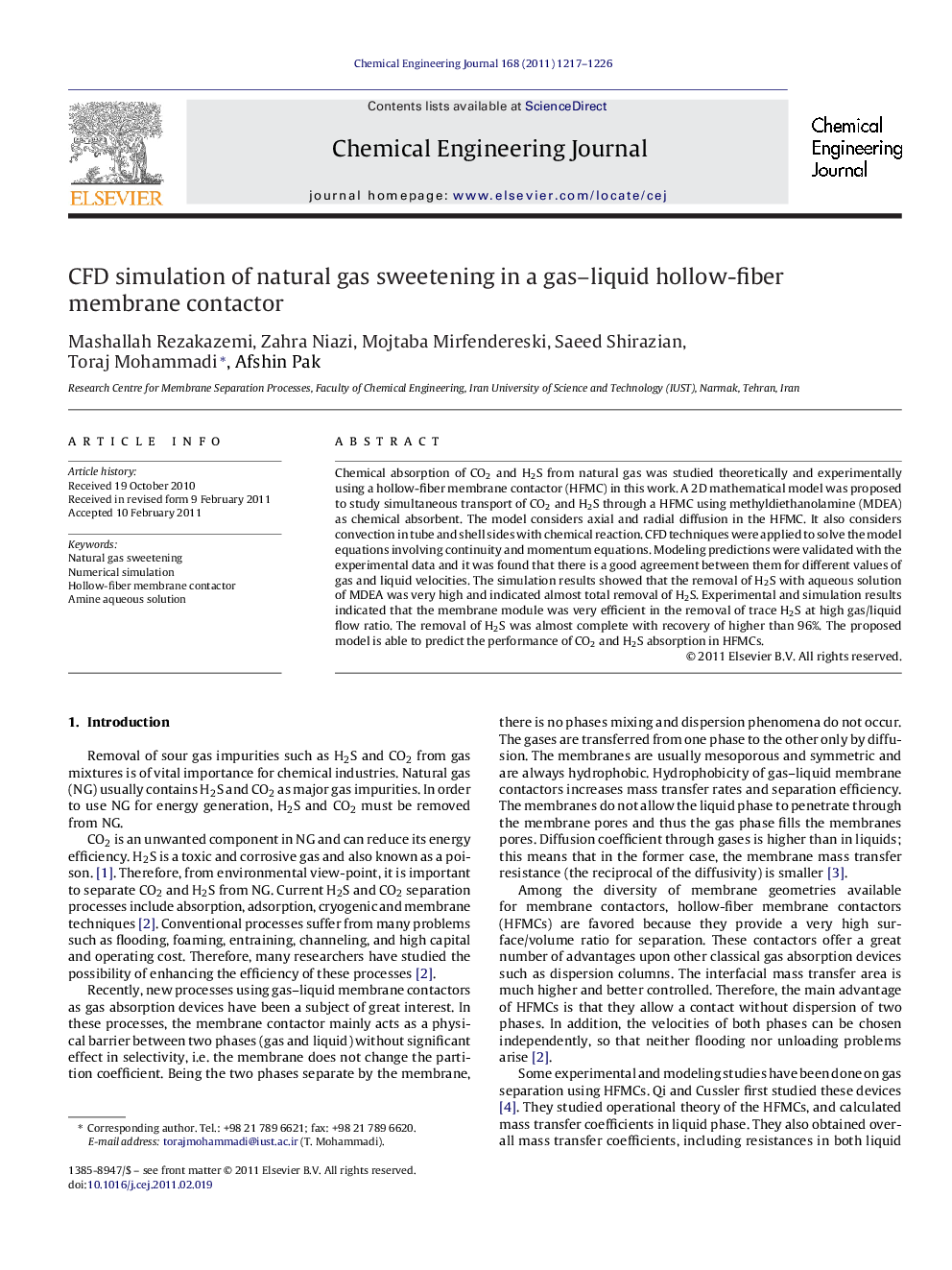 CFD simulation of natural gas sweetening in a gas–liquid hollow-fiber membrane contactor