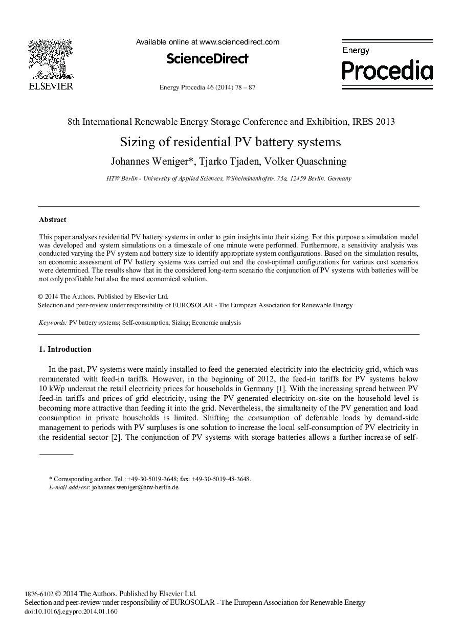 Sizing of Residential PV Battery Systems