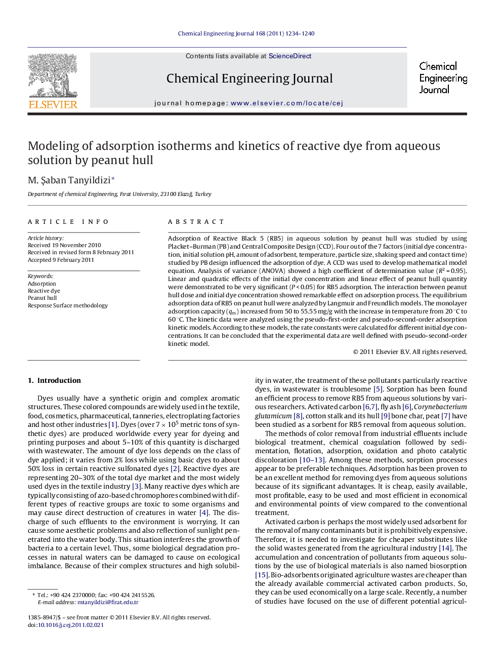 Modeling of adsorption isotherms and kinetics of reactive dye from aqueous solution by peanut hull