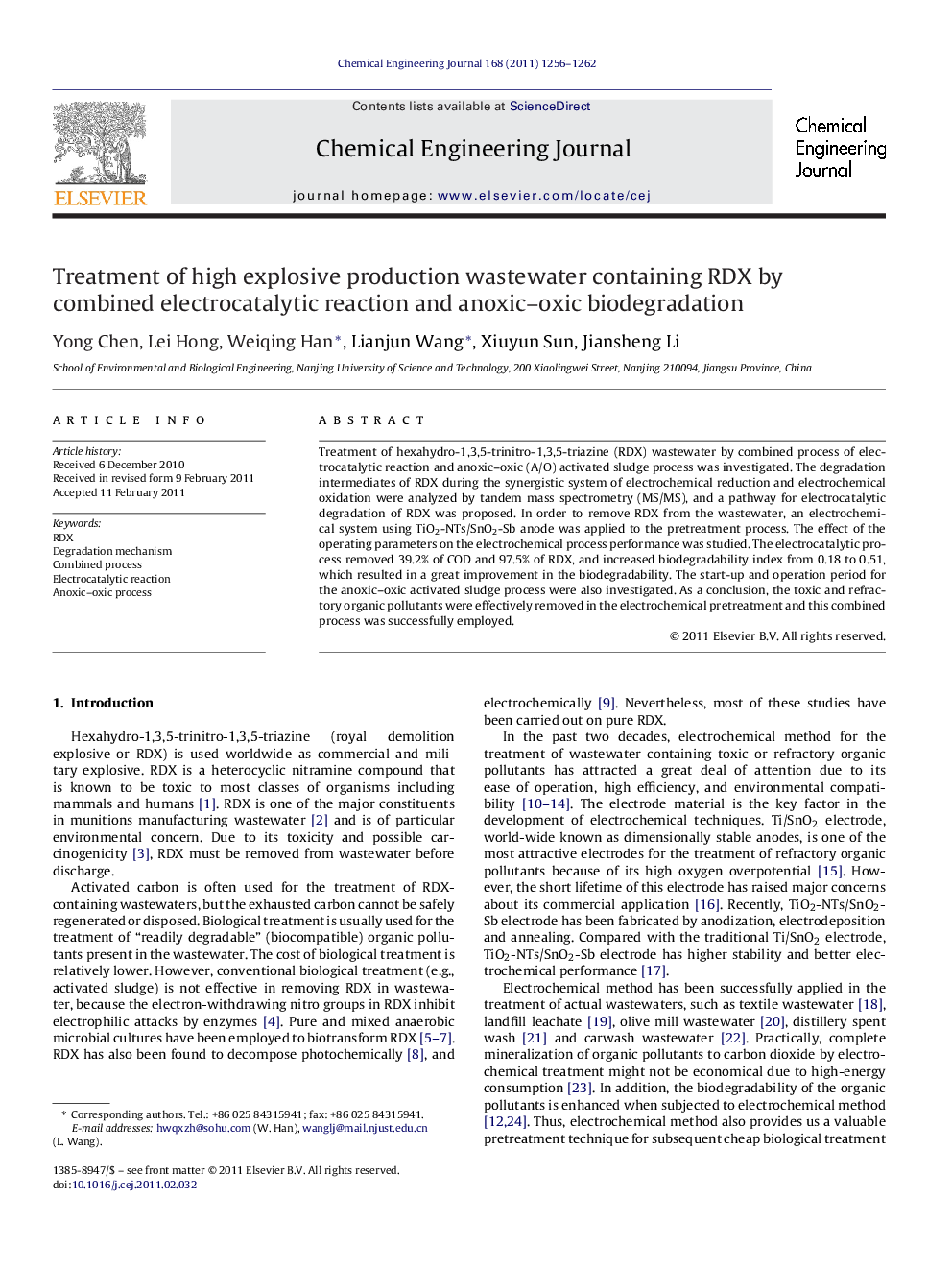 Treatment of high explosive production wastewater containing RDX by combined electrocatalytic reaction and anoxic–oxic biodegradation