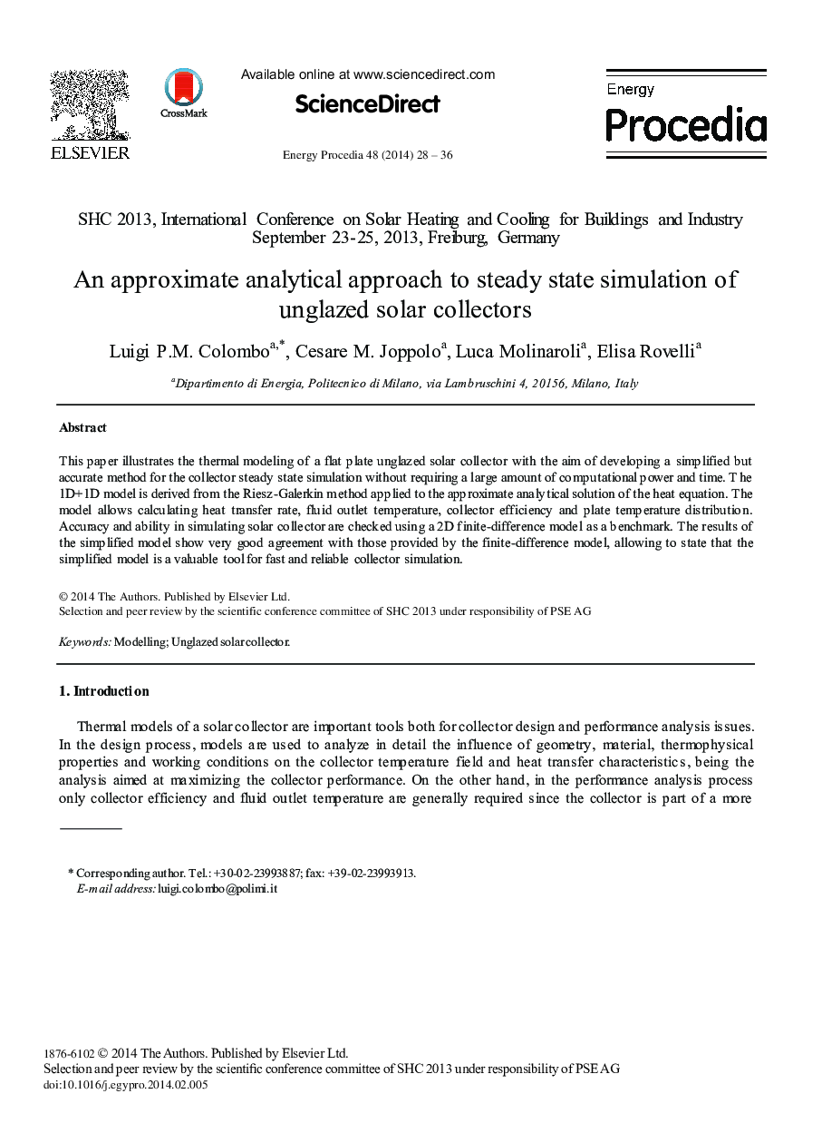An Approximate Analytical Approach to Steady State Simulation of Unglazed Solar Collectors 
