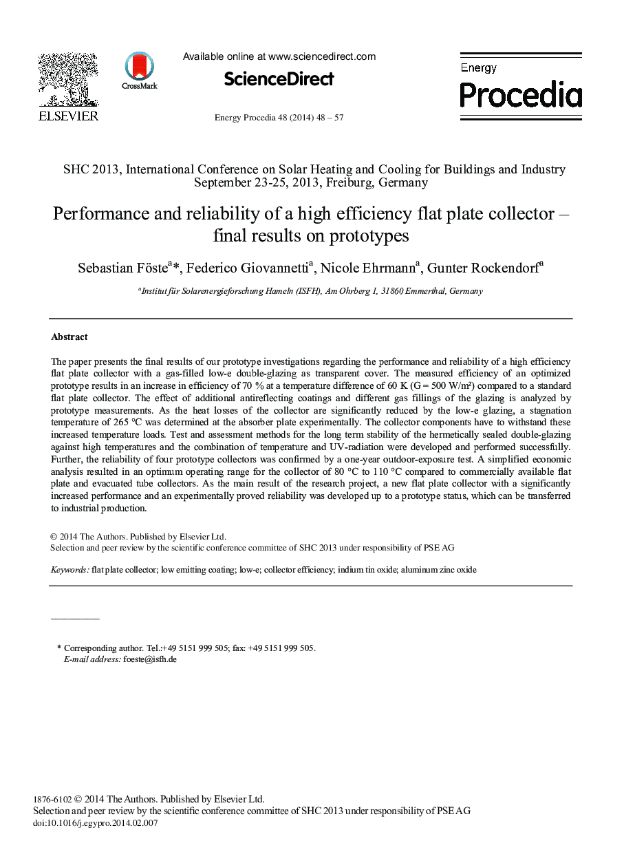 Performance and Reliability of a High Efficiency Flat Plate Collector – Final Results on Prototypes 