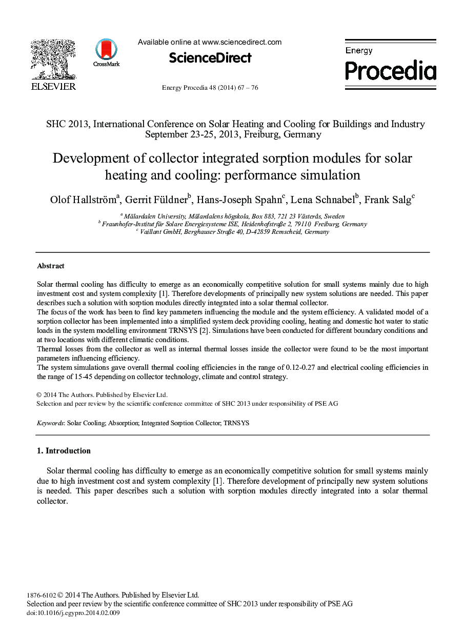 Development of Collector Integrated Sorption Modules for Solar Heating and Cooling: Performance Simulation 