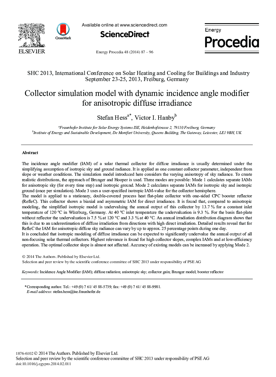 Collector Simulation Model with Dynamic Incidence Angle Modifier for Anisotropic Diffuse Irradiance 