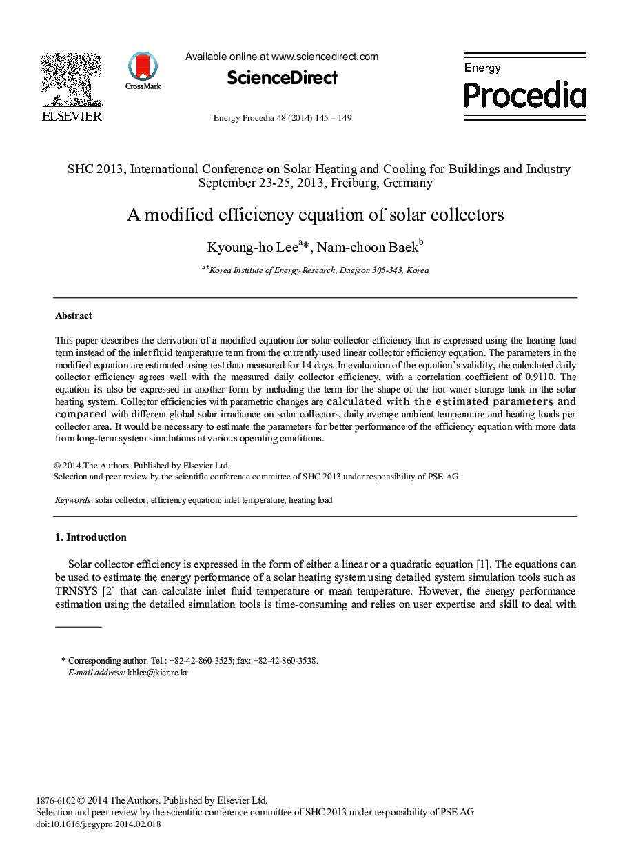 A Modified Efficiency Equation of Solar Collectors 