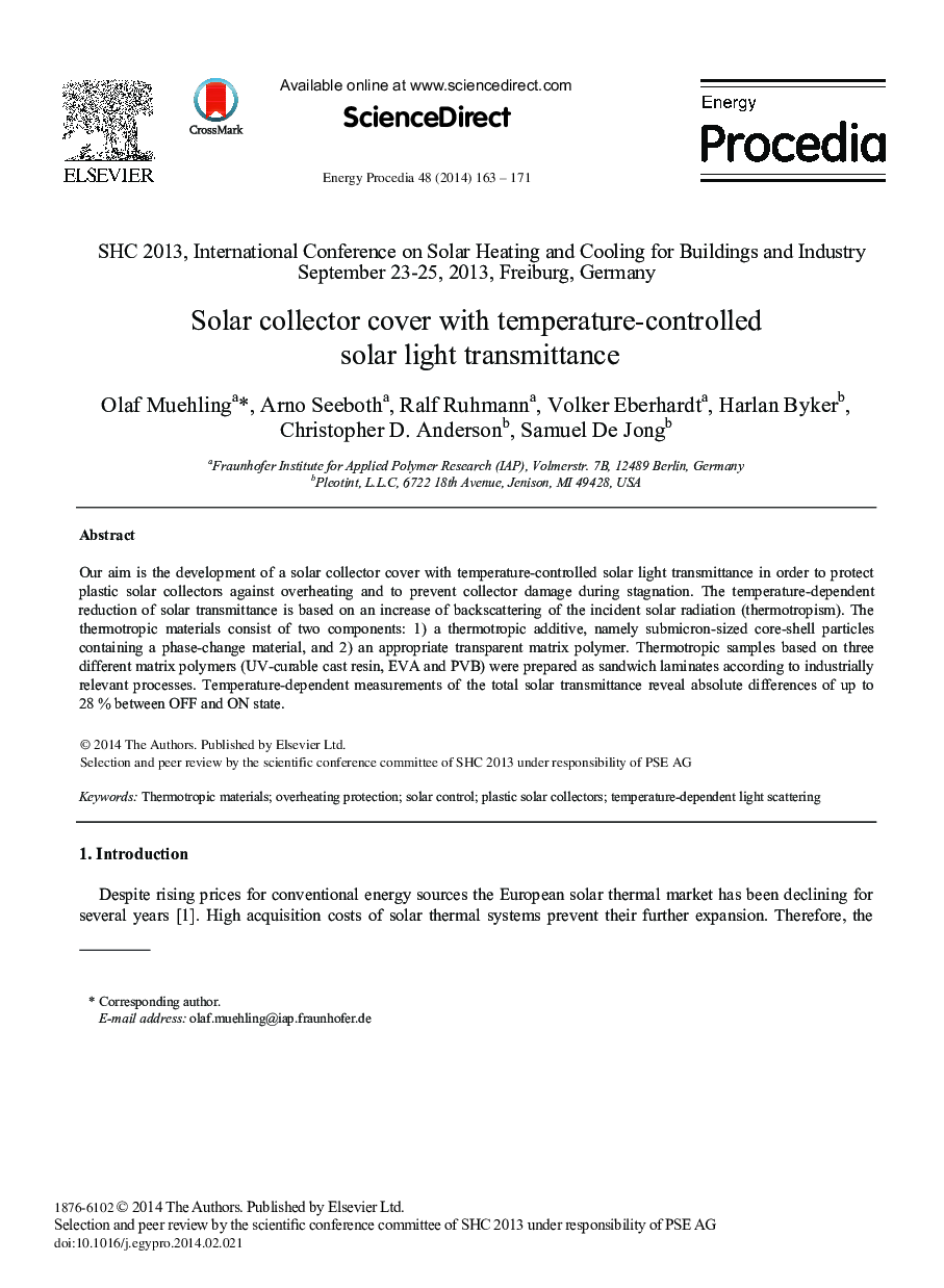 Solar Collector Cover with Temperature-controlled Solar Light Transmittance 