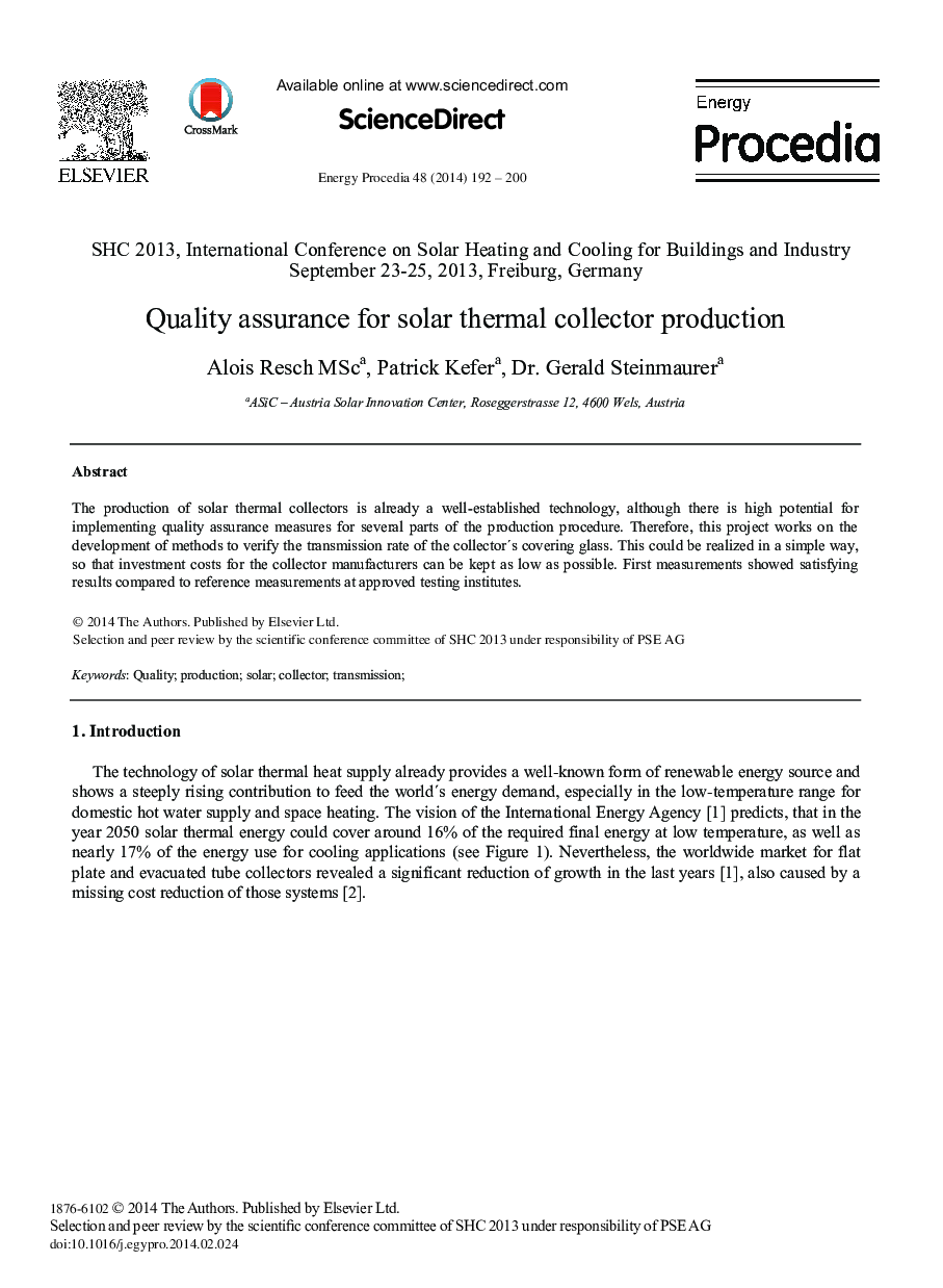 Quality Assurance for Solar Thermal Collector Production 