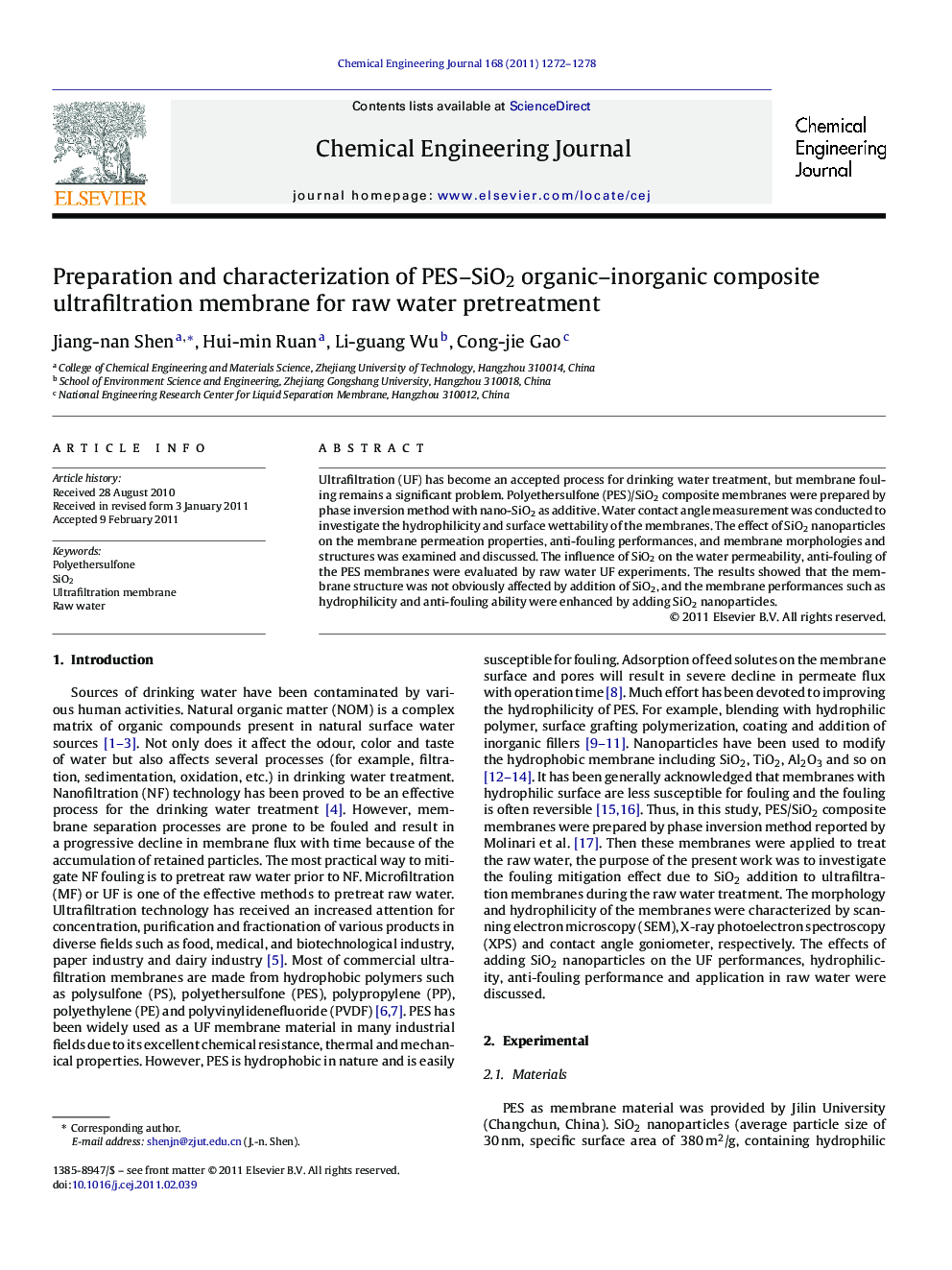 Preparation and characterization of PES–SiO2 organic–inorganic composite ultrafiltration membrane for raw water pretreatment