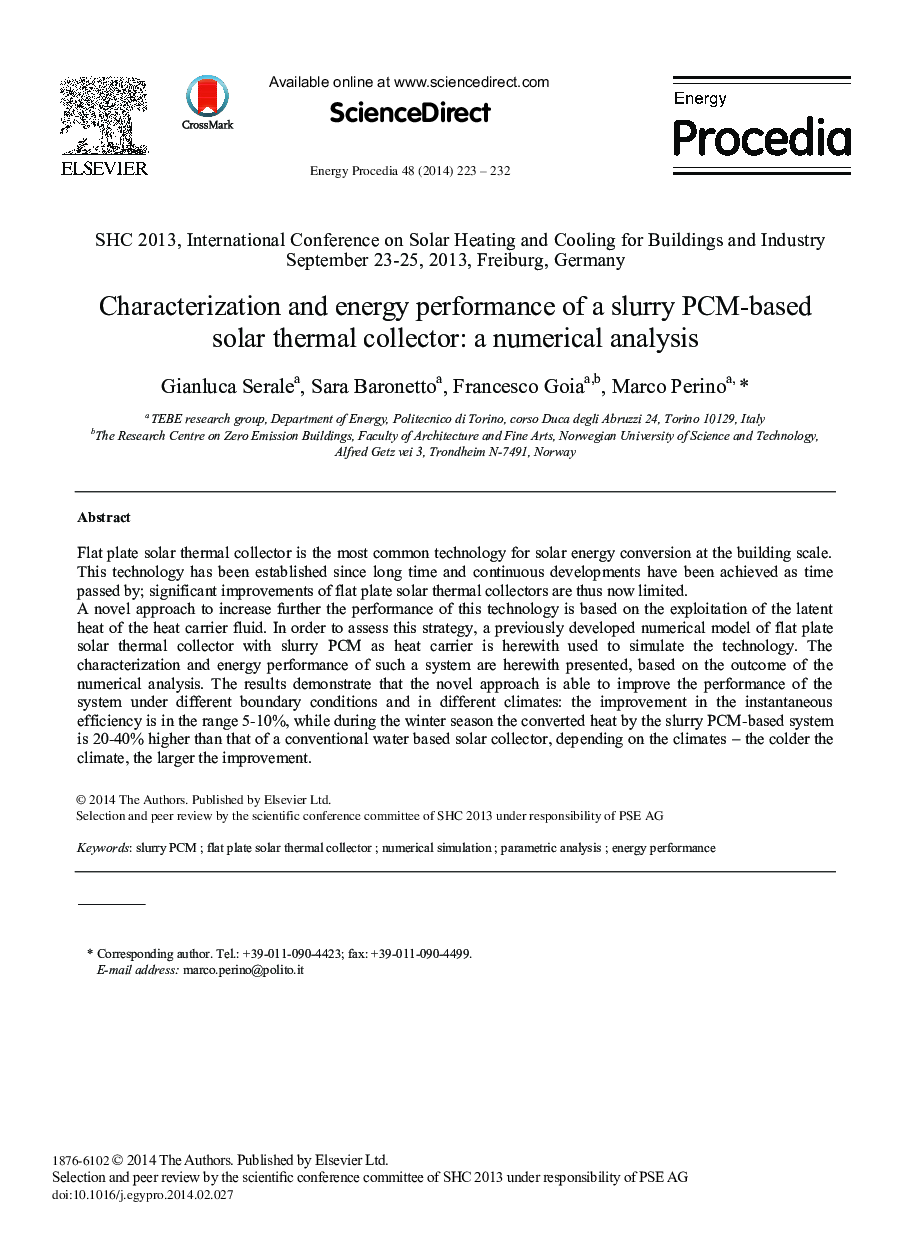 Characterization and Energy Performance of a Slurry PCM-based Solar Thermal Collector: A Numerical Analysis 