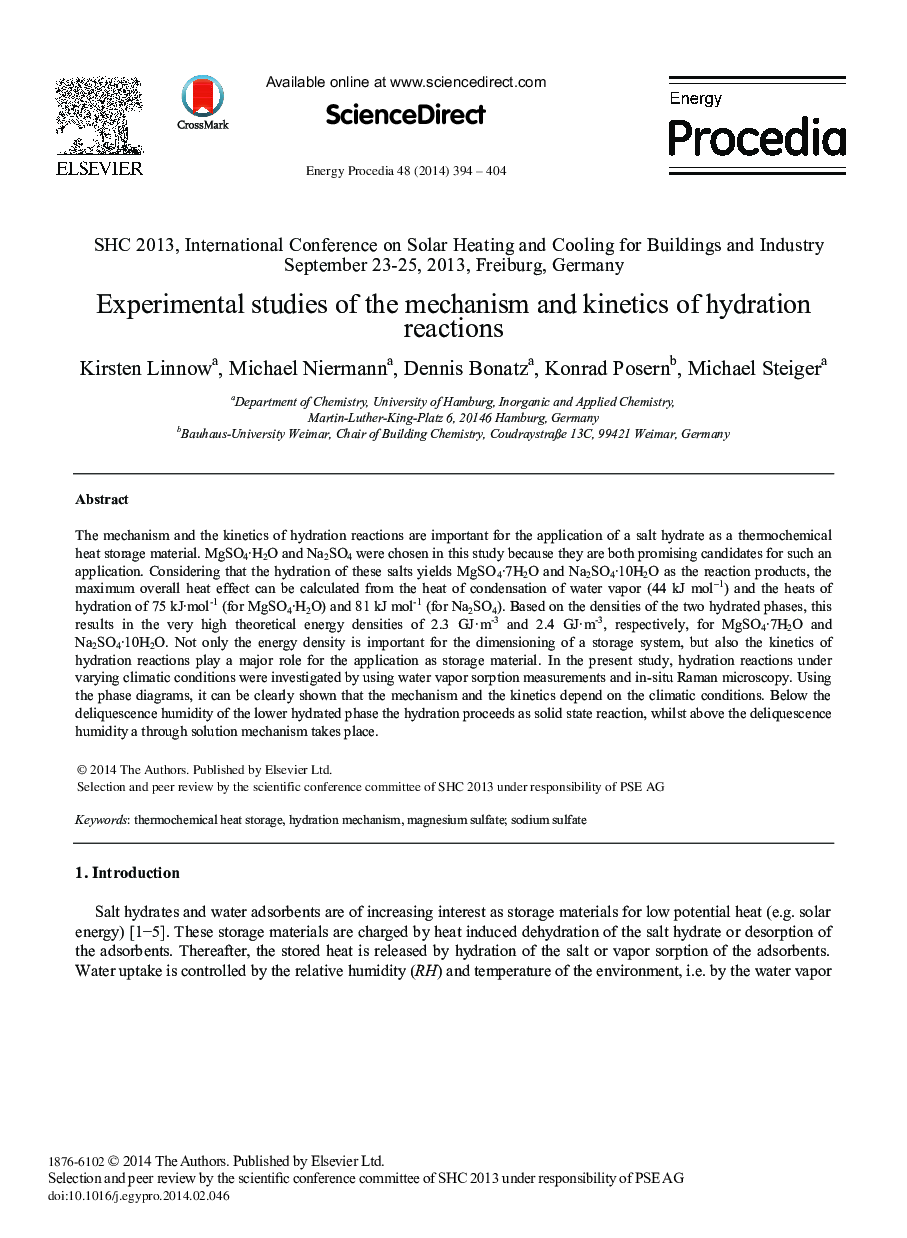 Experimental Studies of the Mechanism and Kinetics of Hydration Reactions 