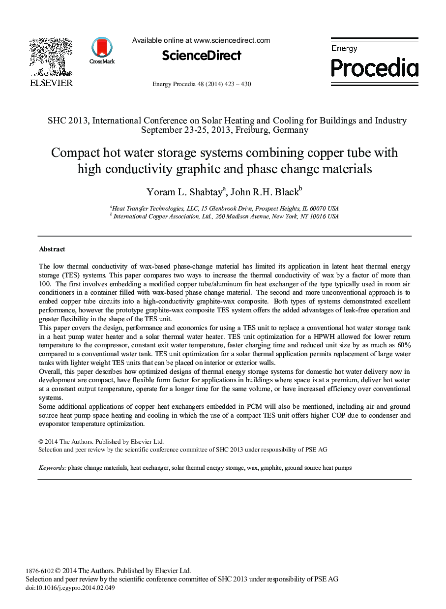 Compact Hot Water Storage Systems Combining Copper Tube with High Conductivity Graphite and Phase Change Materials 