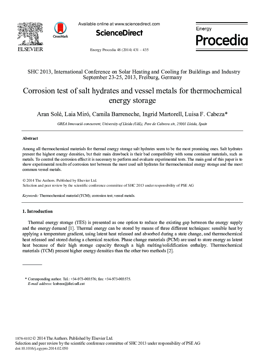 Corrosion Test of Salt Hydrates and Vessel Metals for Thermochemical Energy Storage 