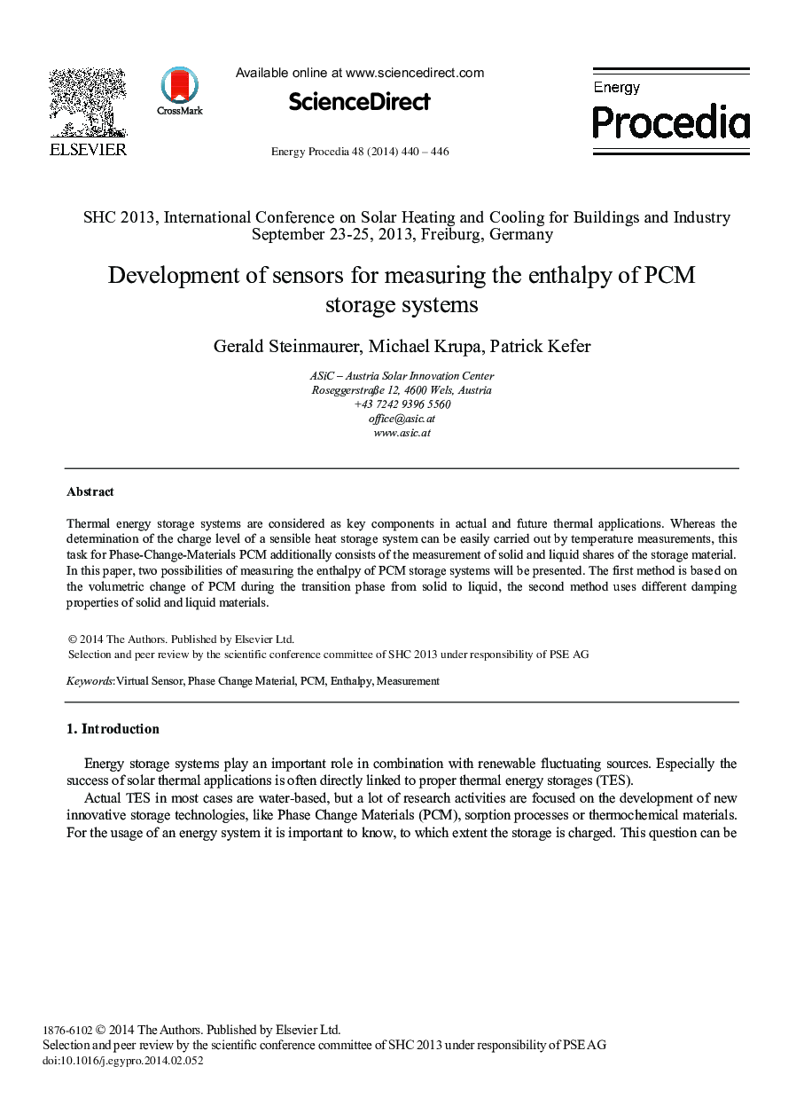 Development of Sensors for Measuring the Enthalpy of PCM Storage Systems 