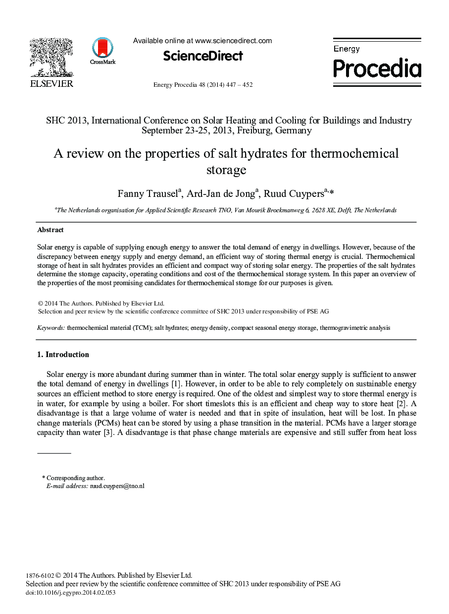A Review on the Properties of Salt Hydrates for Thermochemical Storage 