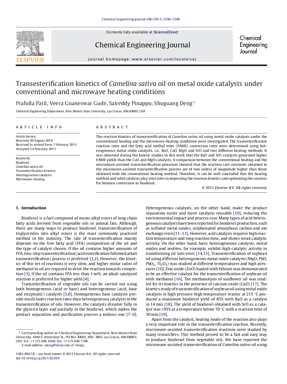 Transesterification kinetics of Camelina sativa oil on metal oxide catalysts under conventional and microwave heating conditions