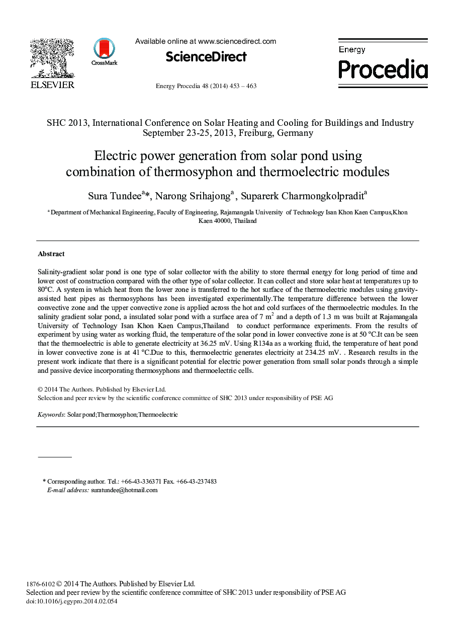 Electric Power Generation from Solar Pond Using Combination of Thermosyphon and Thermoelectric Modules 