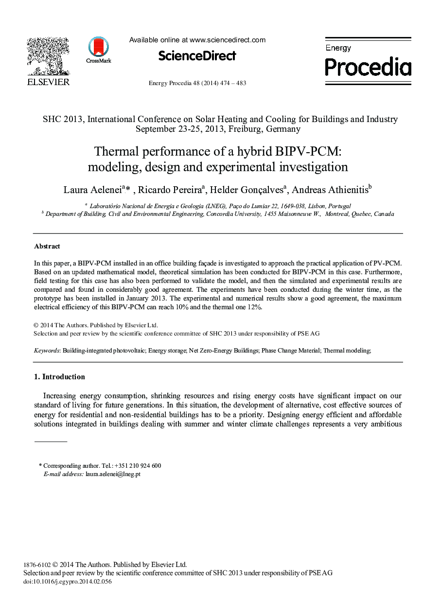 Thermal Performance of a Hybrid BIPV-PCM: Modeling, Design and Experimental Investigation 
