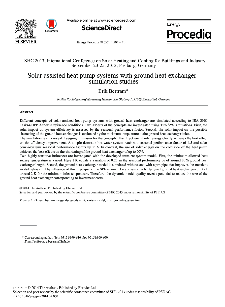 Solar Assisted Heat Pump Systems with Ground Heat Exchanger – Simulation Studies 