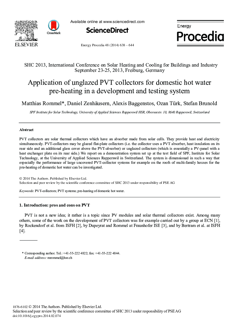 Application of Unglazed PVT Collectors for Domestic Hot Water Pre-heating in a Development and Testing System 
