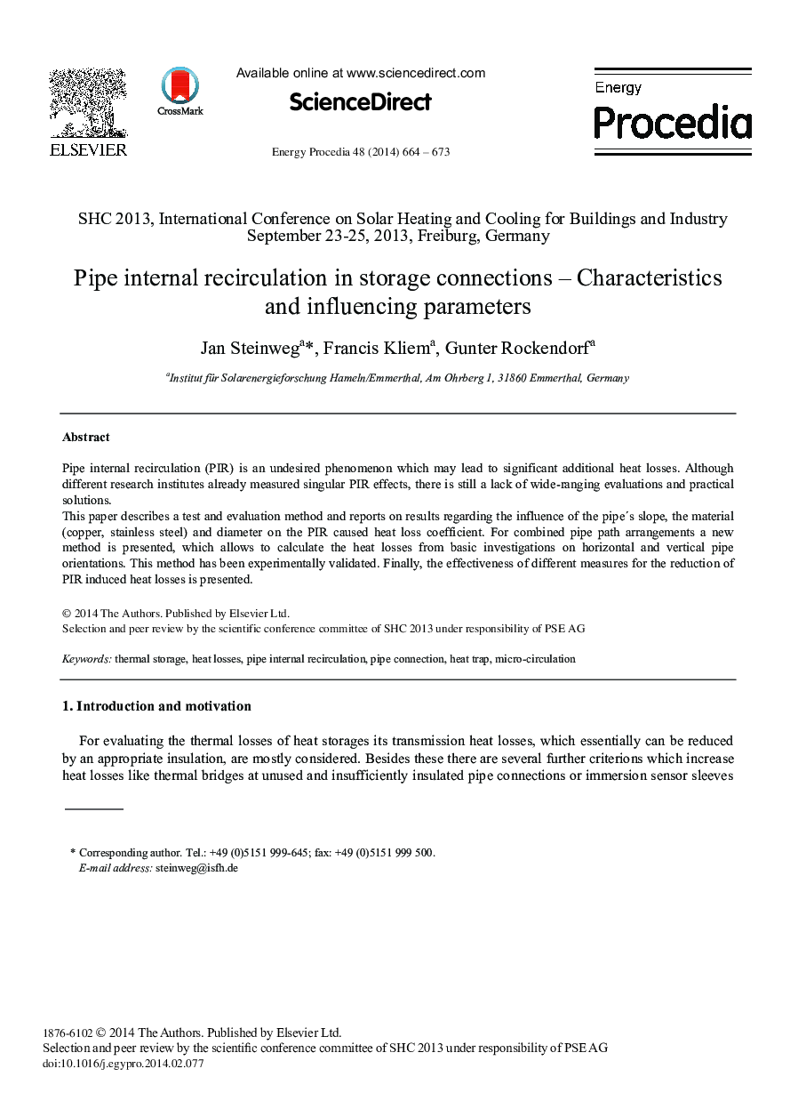 Pipe Internal Recirculation in Storage Connections – Characteristics and Influencing Parameters 