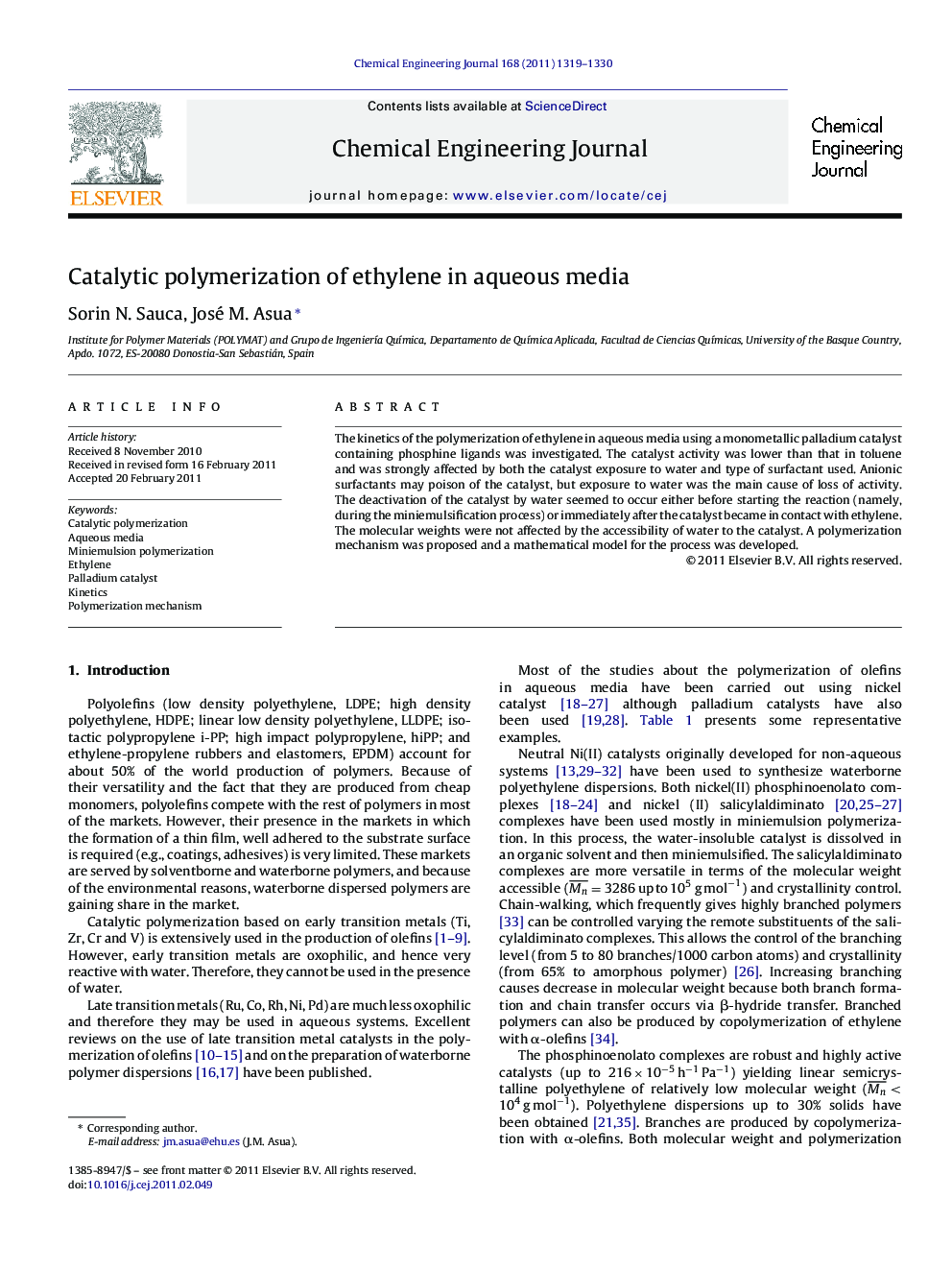 Catalytic polymerization of ethylene in aqueous media