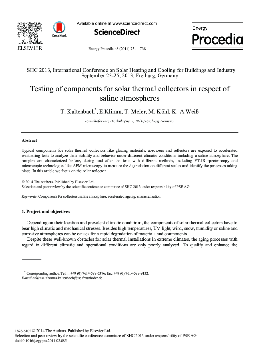 Testing of Components for Solar Thermal Collectors in Respect of Saline Atmospheres 