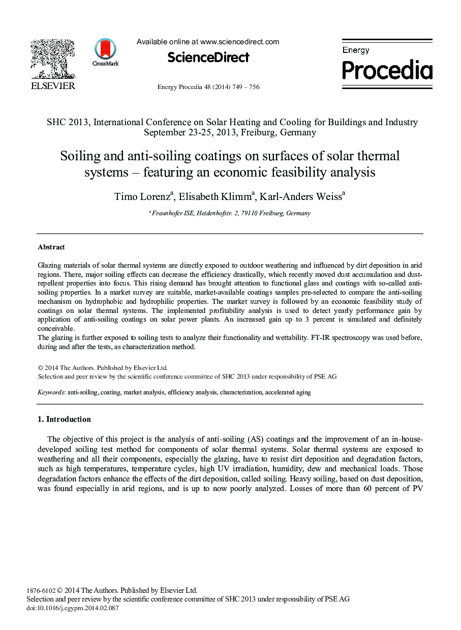 Soiling and Anti-soiling Coatings on Surfaces of Solar Thermal Systems – Featuring an Economic Feasibility Analysis 