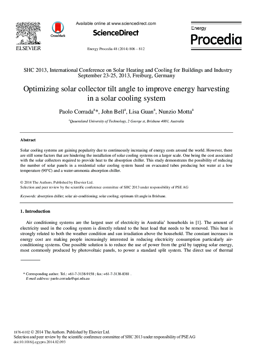 Optimizing Solar Collector Tilt Angle to Improve Energy Harvesting in a Solar Cooling System 