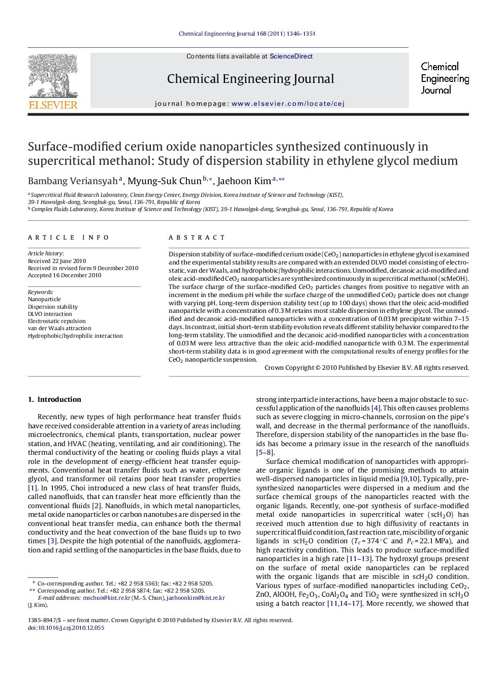 Surface-modified cerium oxide nanoparticles synthesized continuously in supercritical methanol: Study of dispersion stability in ethylene glycol medium