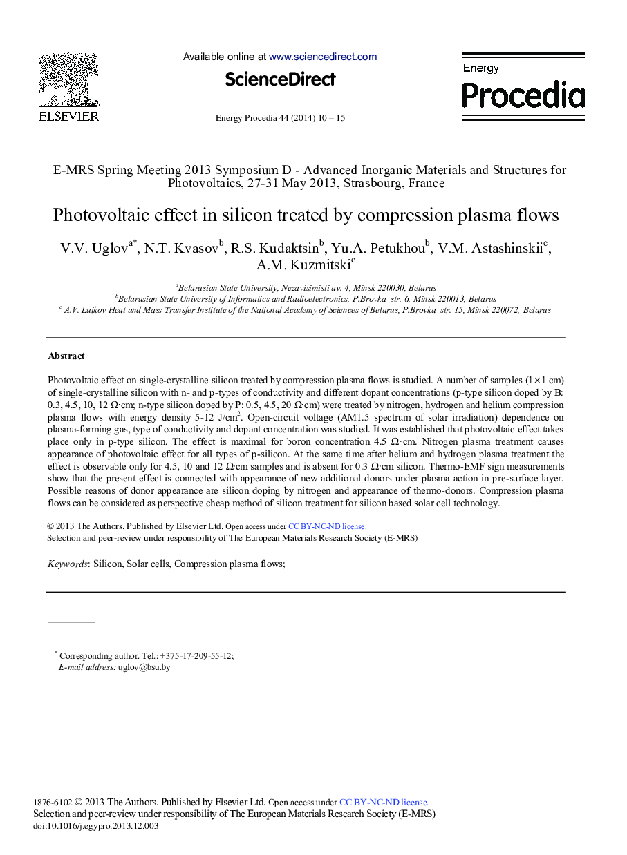 Photovoltaic Effect in Silicon Treated by Compression Plasma Flows 