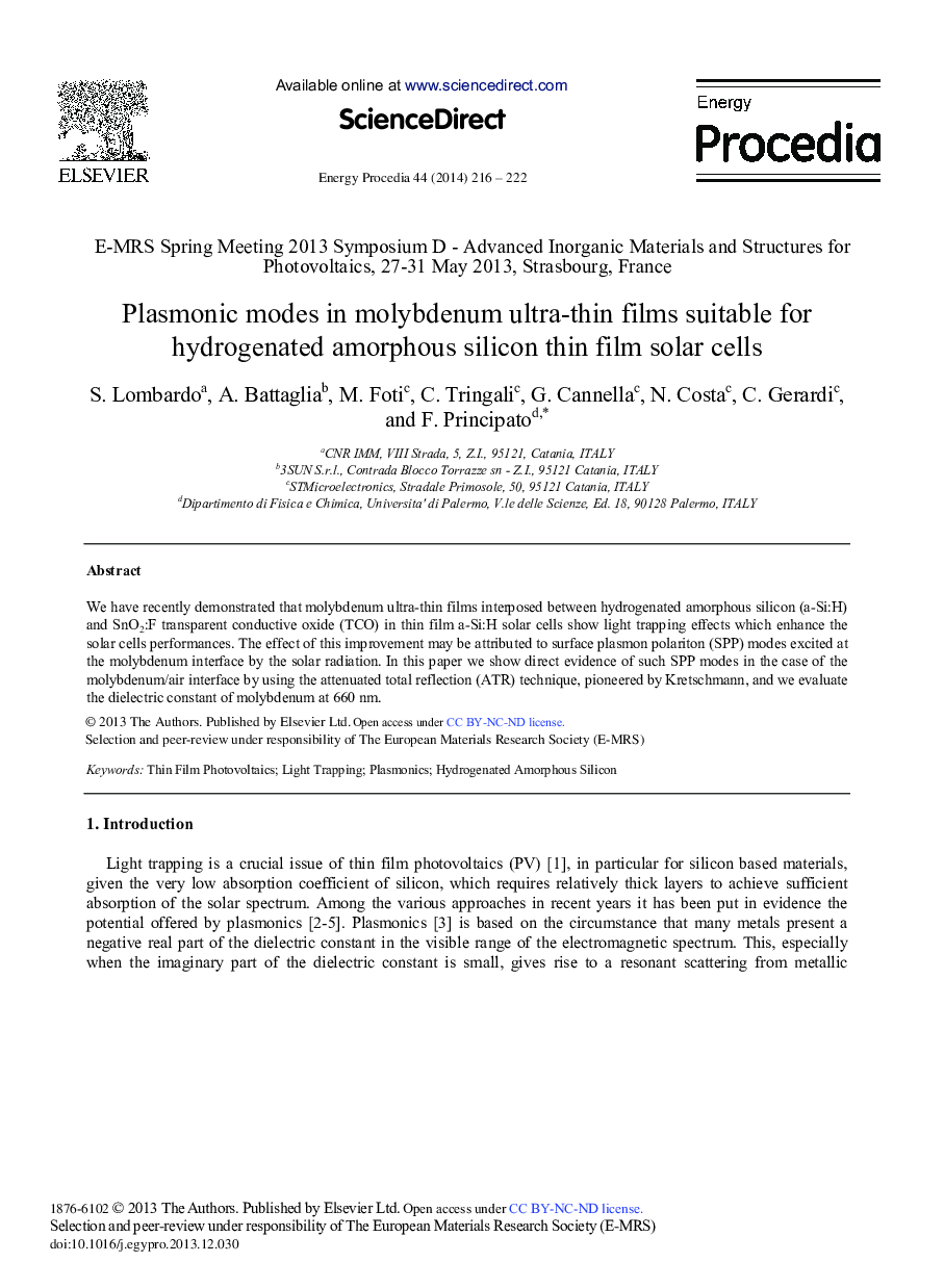 Plasmonic Modes in Molybdenum Ultra-thin Films Suitable for Hydrogenated Amorphous Silicon Thin Film Solar Cells 