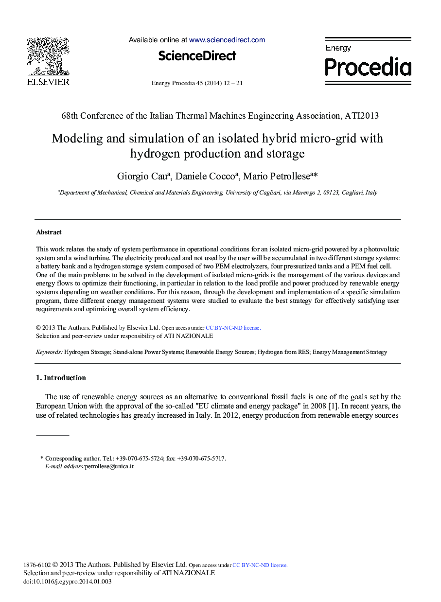 Modeling and Simulation of an Isolated Hybrid Micro-grid with Hydrogen Production and Storage 
