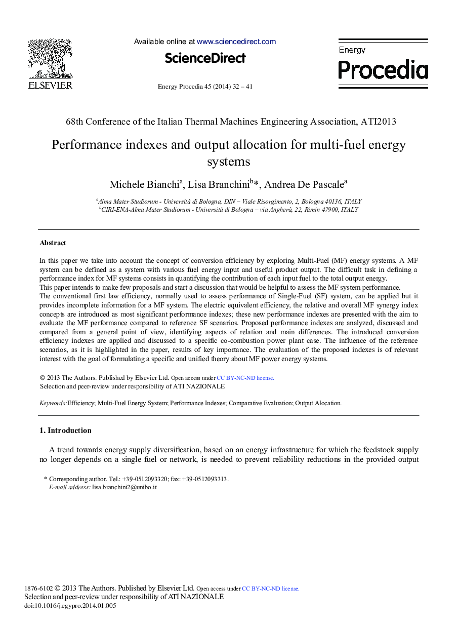 Performance Indexes and Output Allocation for Multi-fuel Energy Systems 
