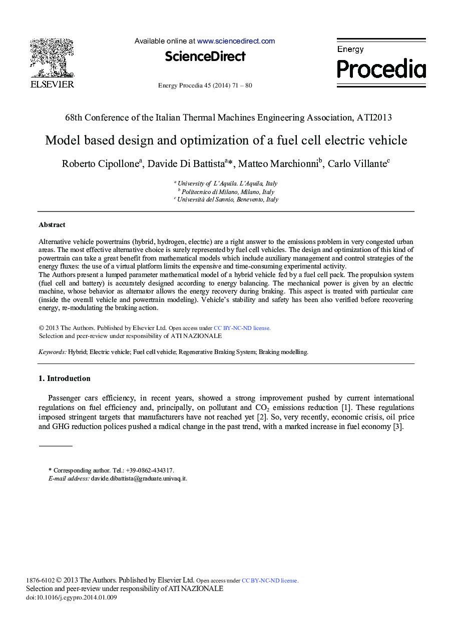 Model based Design and Optimization of a Fuel Cell Electric Vehicle 
