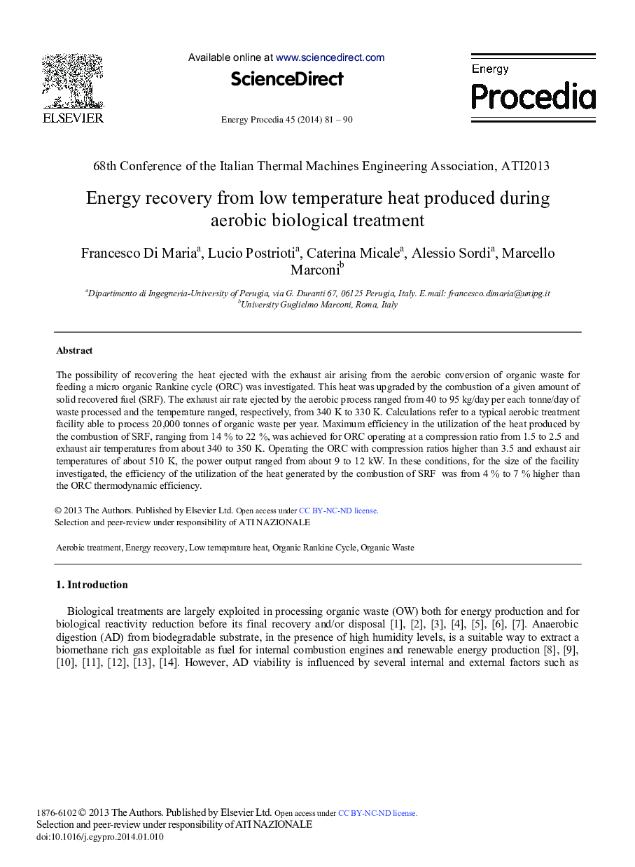 Energy Recovery from Low Temperature Heat Produced During Aerobic Biological Treatment 