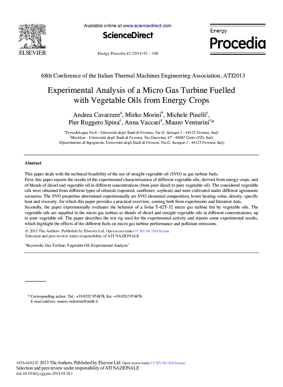 Experimental Analysis of a Micro Gas Turbine Fuelled with Vegetable Oils from Energy Crops 