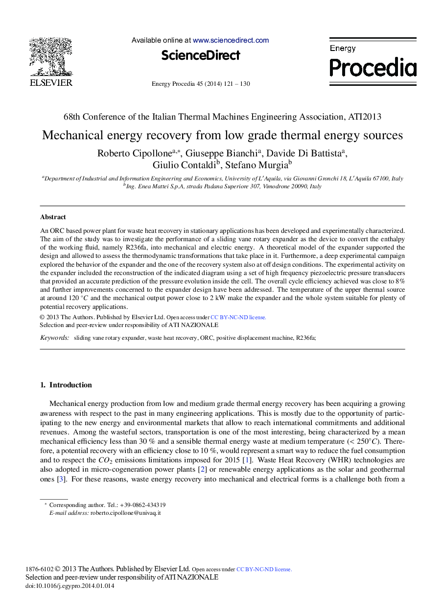 Mechanical Energy Recovery from Low Grade Thermal Energy Sources 