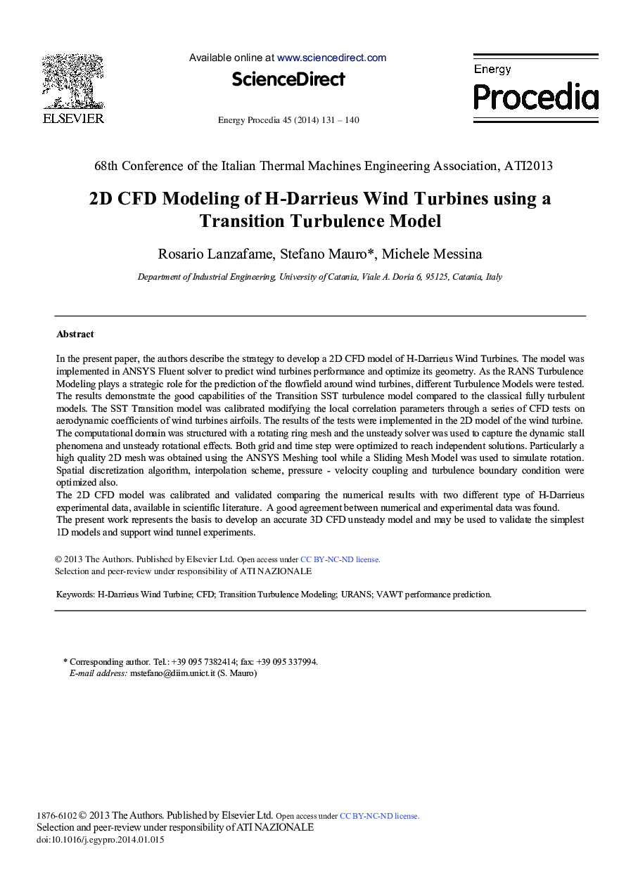 2D CFD Modeling of H-Darrieus Wind Turbines Using a Transition Turbulence Model 