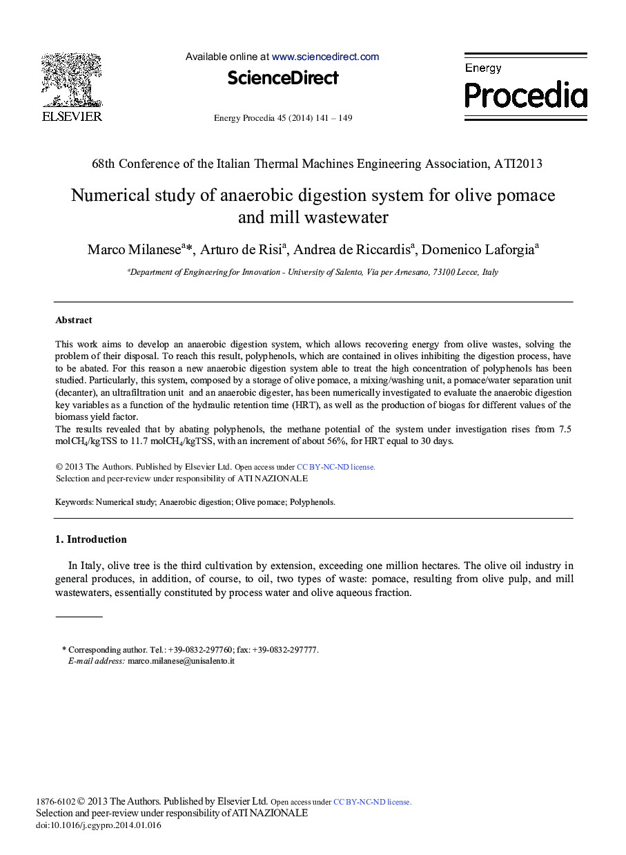 Numerical Study of Anaerobic Digestion System for Olive Pomace and Mill Wastewater 