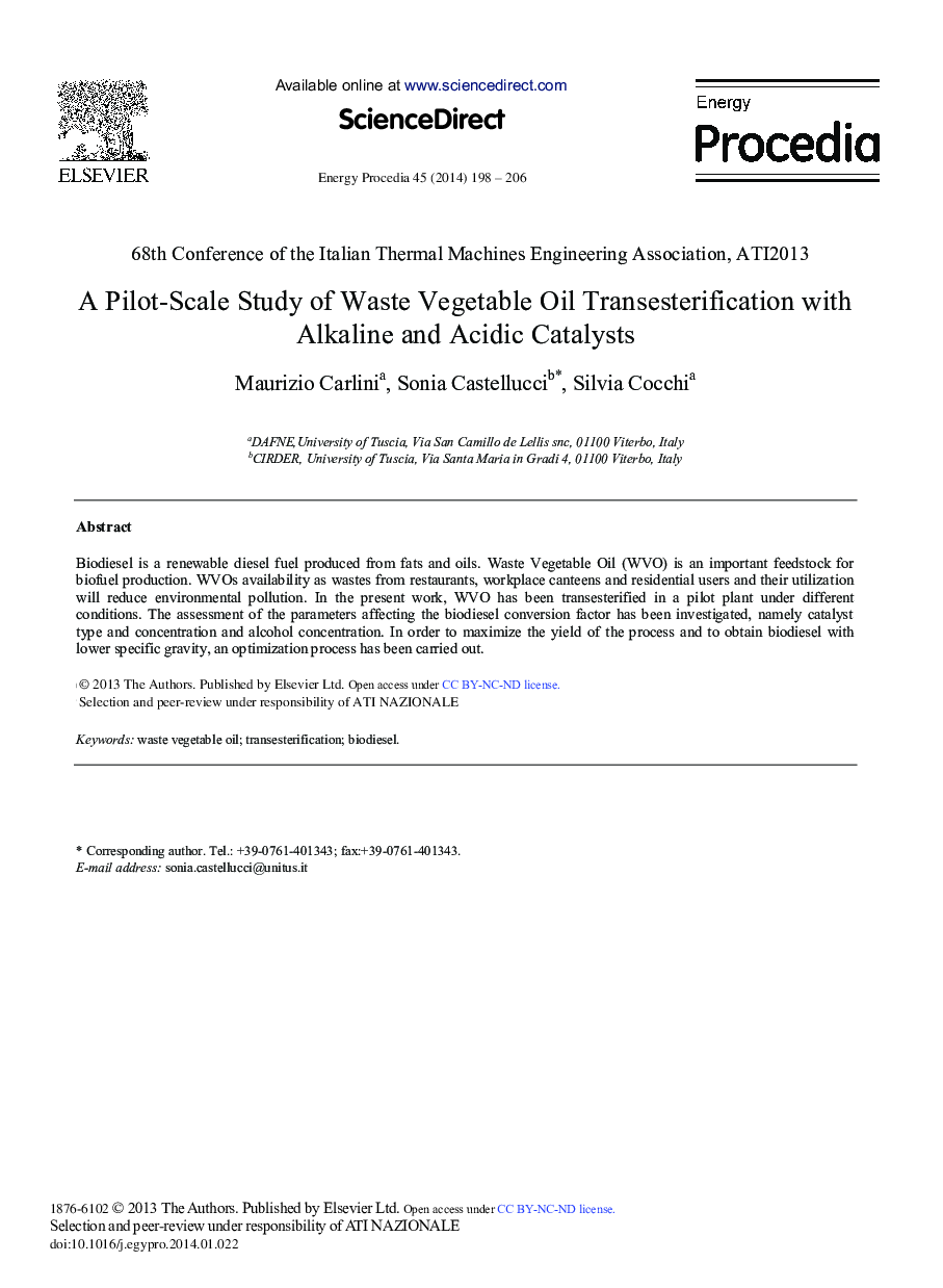 A Pilot-Scale Study of Waste Vegetable Oil Transesterification with Alkaline and Acidic Catalysts 