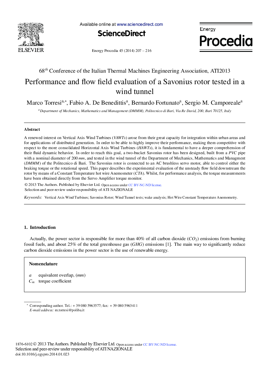 Performance and Flow Field Evaluation of a Savonius Rotor Tested in a Wind Tunnel 
