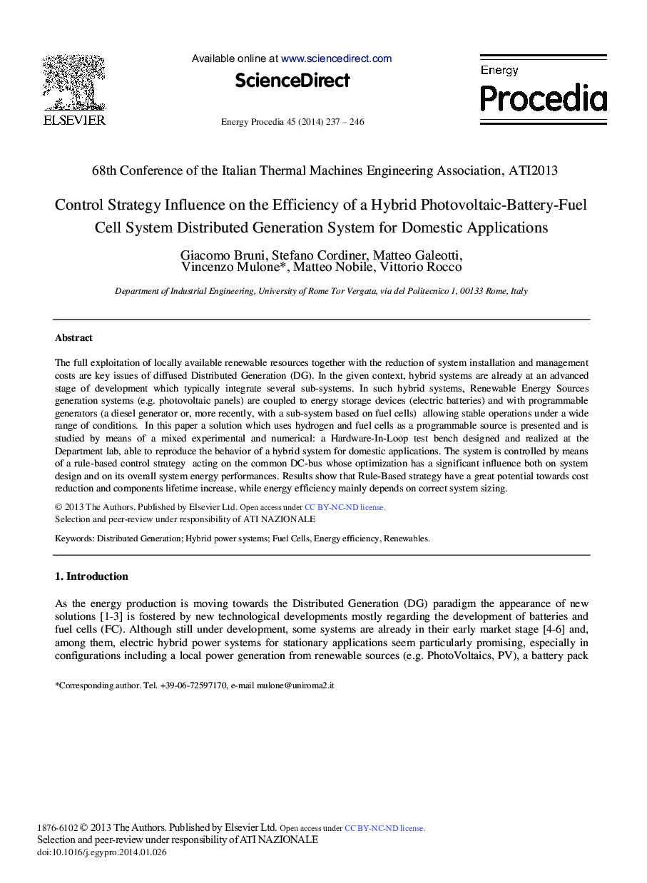 Control Strategy Influence on the Efficiency of a Hybrid Photovoltaic-Battery-Fuel Cell System Distributed Generation System for Domestic Applications 
