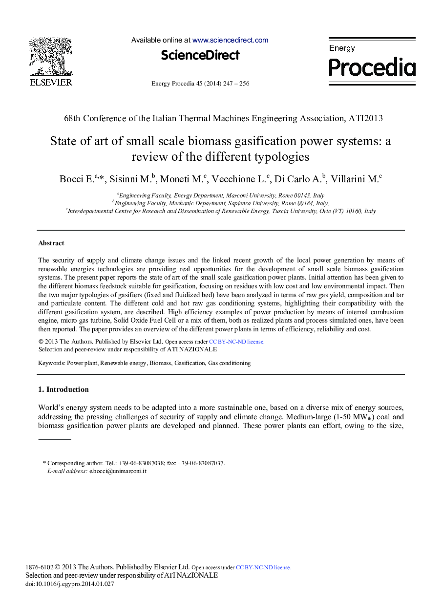State of Art of Small Scale Biomass Gasification Power Systems: A Review of the Different Typologies 