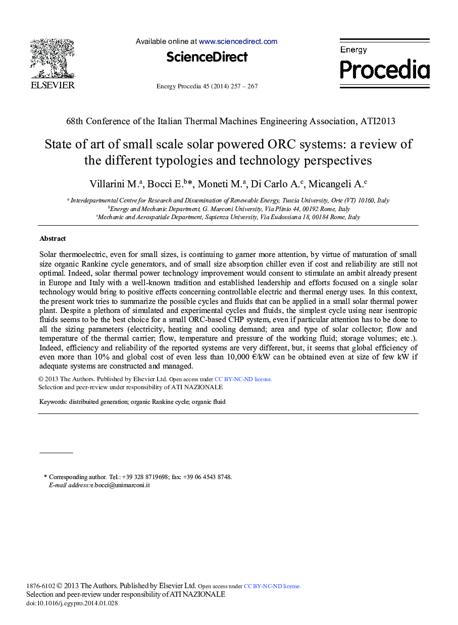 State of Art of Small Scale Solar Powered ORC Systems: A Review of the Different Typologies and Technology Perspectives 
