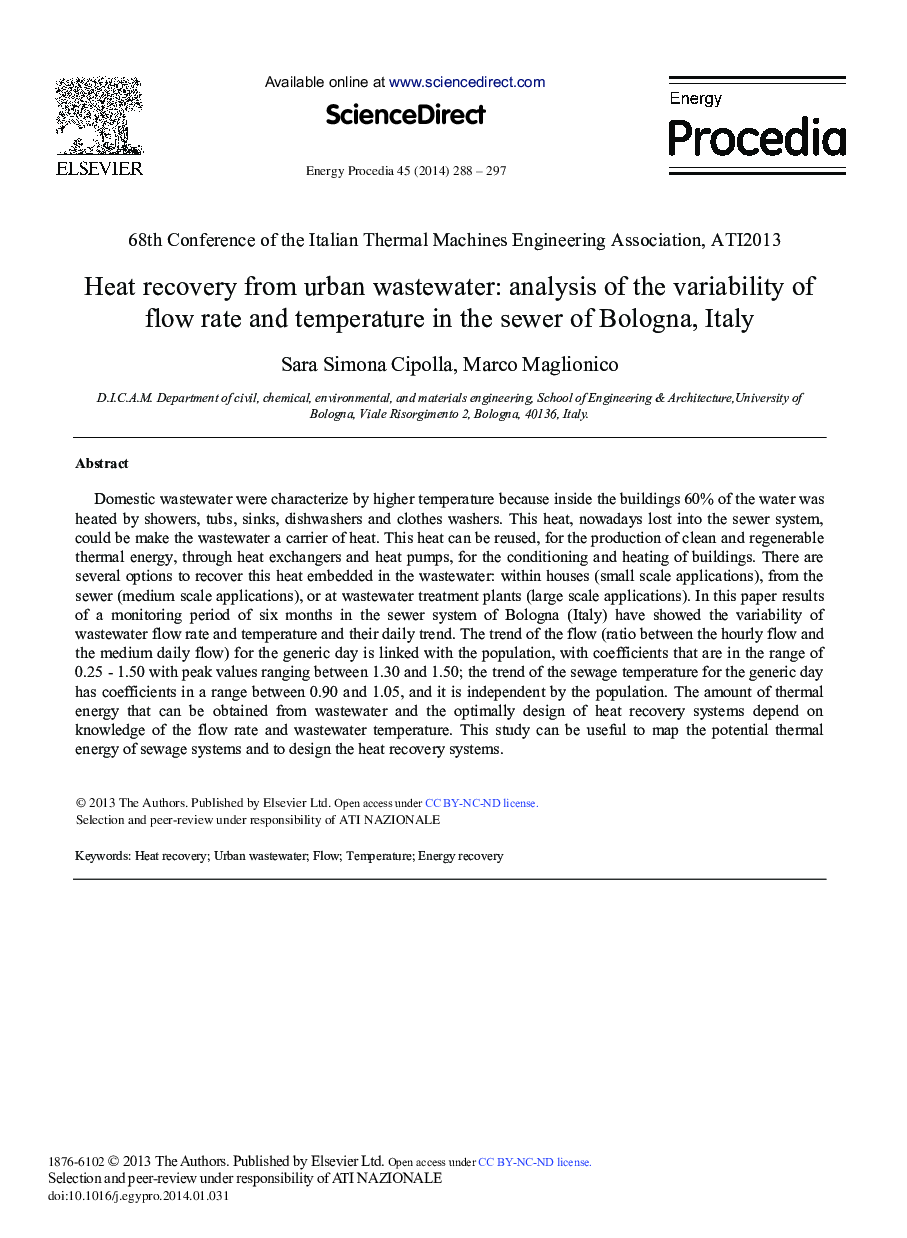 Heat Recovery from Urban Wastewater: Analysis of the Variability of Flow Rate and Temperature in the Sewer of Bologna, Italy 