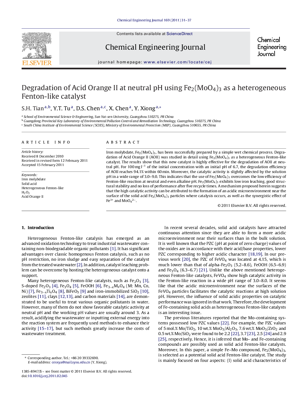 Degradation of Acid Orange II at neutral pH using Fe2(MoO4)3 as a heterogeneous Fenton-like catalyst
