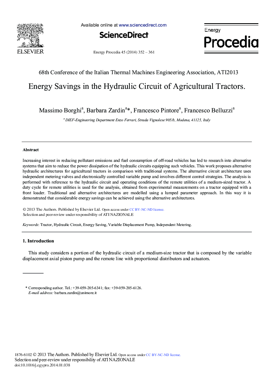 Energy Savings in the Hydraulic Circuit of Agricultural Tractors 