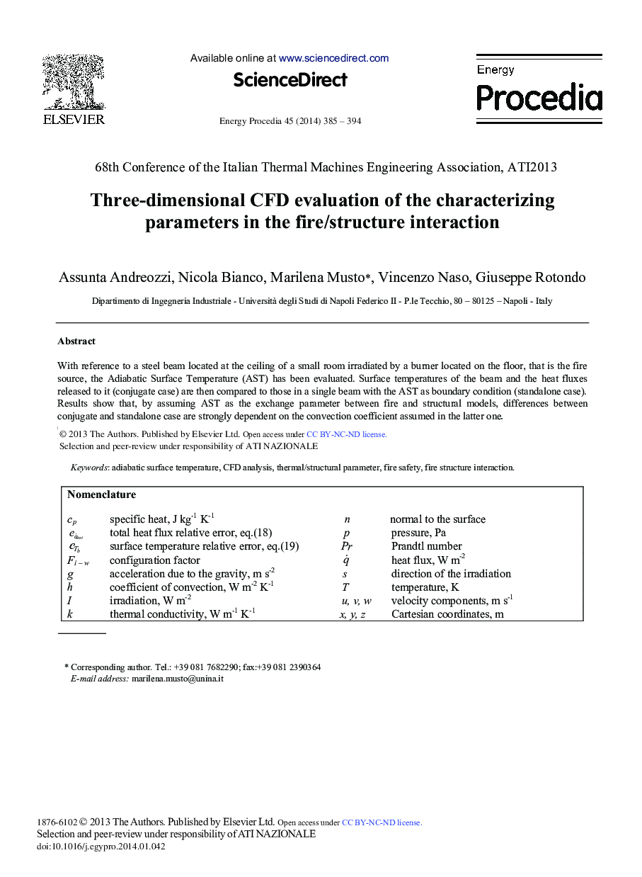 Three-dimensional CFD Evaluation of the Characterizing Parameters in the Fire/Structure Interaction 
